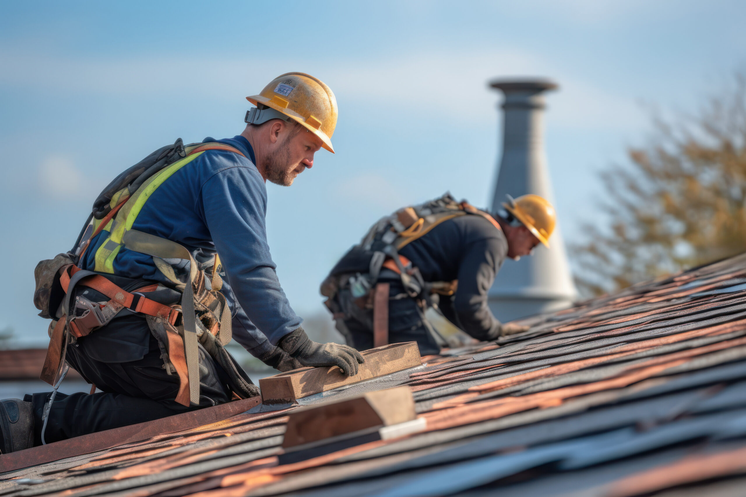 Construction worker with safety hardhat working on roof tiles installation. Generative AI Roof reparation work in progress on a residential home – All Phase Roofing